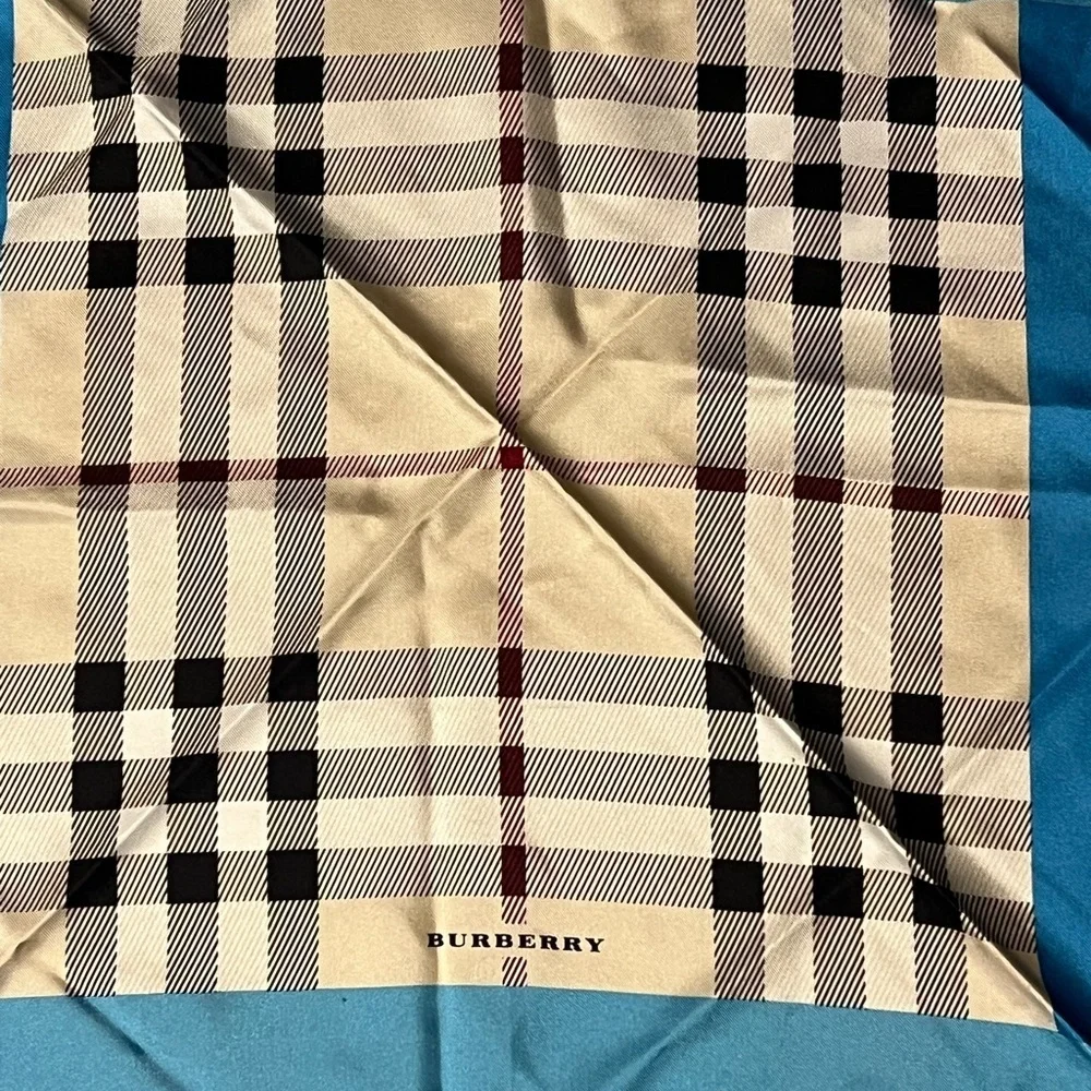 Burberry Teal and Beige Checkered Silk Scarf